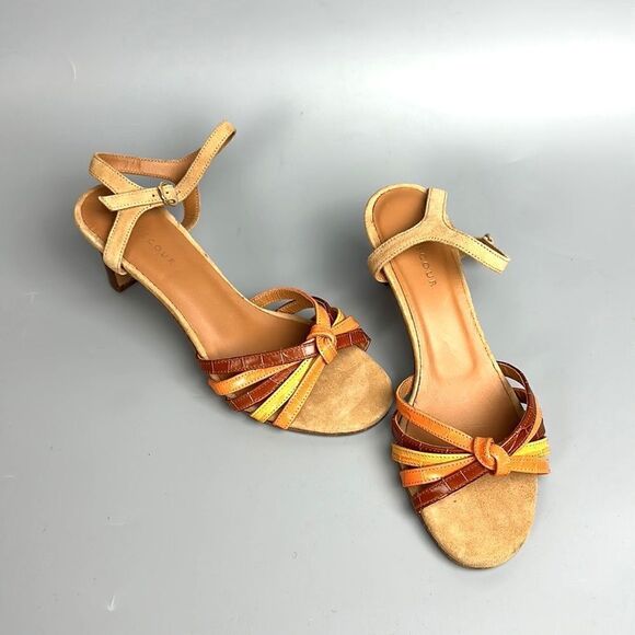 NWOB RIVECOUR Strappy Heeled Sandals Leather Suede Orange Yellow Brown 36 US 5 - Picture 3 of 15
